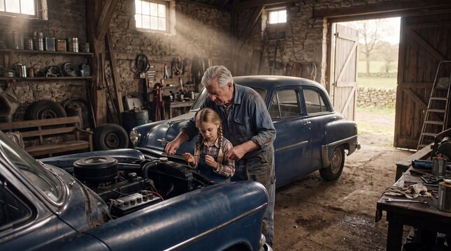 Elderly couple working together on vintage car restoration in rustic garage.