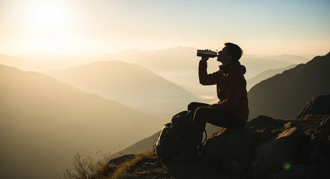 Hiker drinking water at mountain sunset peak