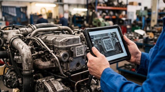 Technician Using Digital Tablet to Inspect and Maintain Industrial Engine Equipment.
