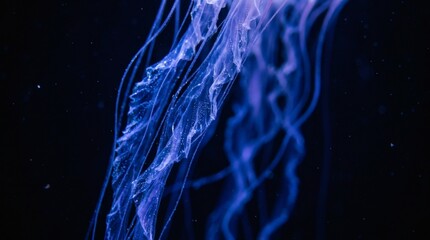 Macro view of blue translucent jellyfish tentacles flowing gracefully in dark deep water. © FlowKit