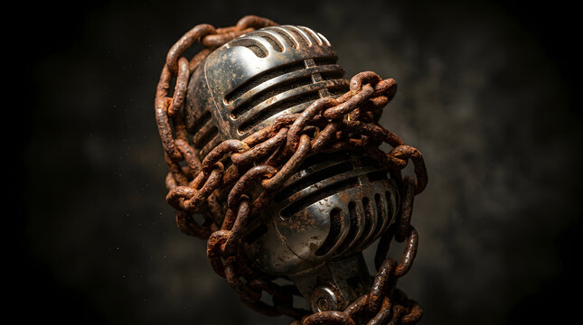 Vintage microphone wrapped in rusty chains
