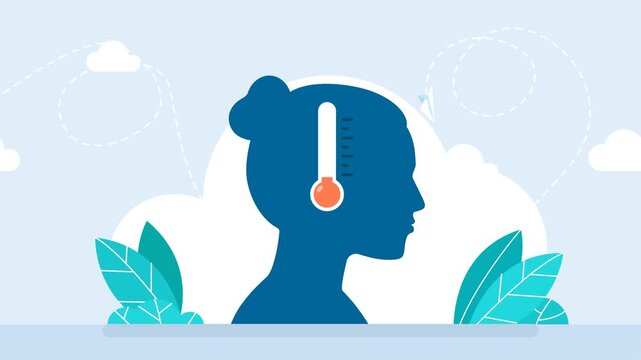 Angry woman in anger, steam coming out of her ears. Unhappy girl upset and angry. A woman with thermometer in her head. Anxiety, tension, stress. Colds. Control of emotions. 2d flat animation