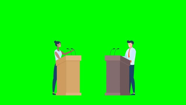 African-american woman speaker talking behind tribunes with mic. Man speaker talking behind tribunes with mic. Political debates, conference, public speaking speech. 2d flat animation. Alpha channel