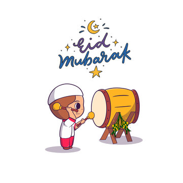 Muslim Child Playing Traditional Bedug Drum to Celebrate Eid al-Fitr