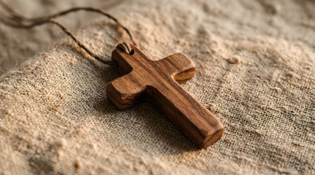 A simple wooden christian cross necklace resting on a textured stone surface with soft natural lighting