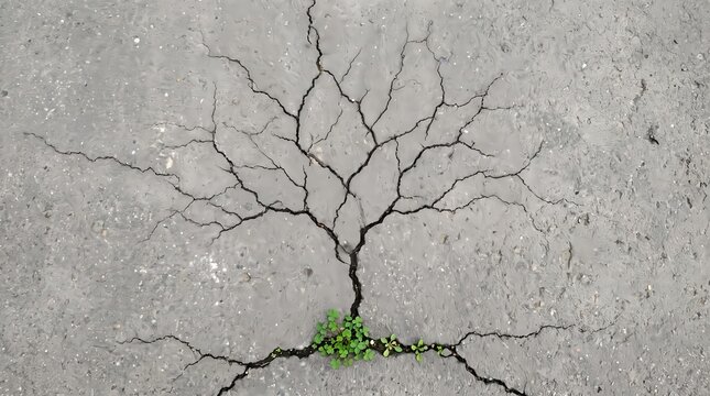 Tree Shaped Cracks in Asphalt with Small Green Plant