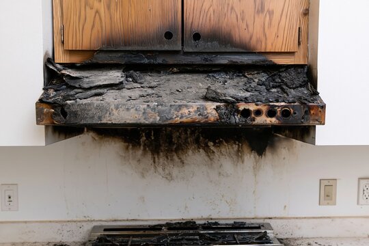 The Charred Kitchen Hood After Fire Damage with Dense Soot