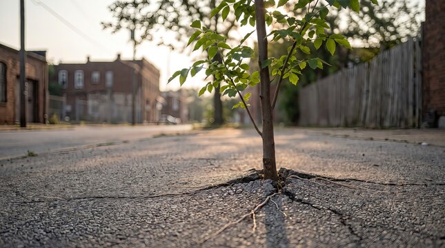 Young Tree Growing Through Cracked Asphalt on Empty Urban Street
