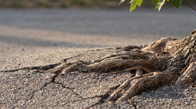 Exposed Tree Roots Breaking Through Cracked Asphalt