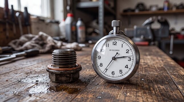Close-up of a vintage clock and rusty bolts on a wooden workbench in a workshop setting.