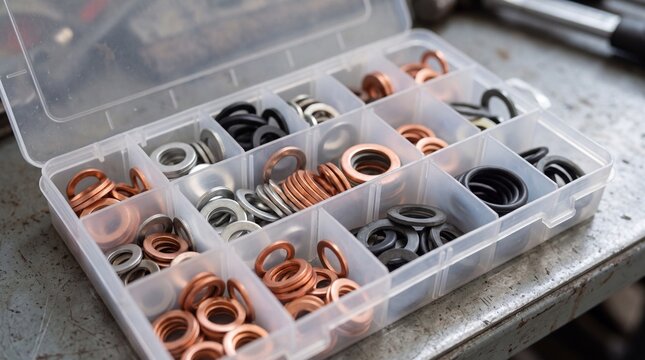 Assorted Rubber and Copper Washers Organized in a Plastic Storage Box for Mechanical and Plumbing Projects.