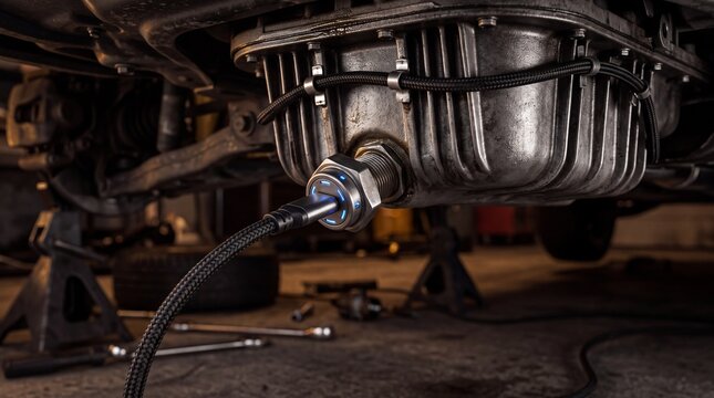 Close-up of an Oil Drain Plug and Oil Pan Under a Car Engine.