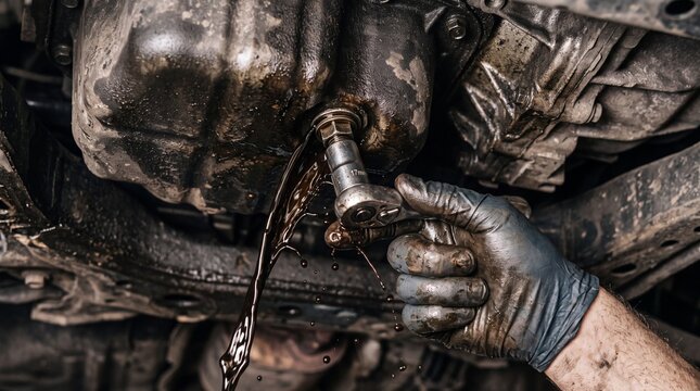Mechanic inspecting and draining oil from a vehicle engine during maintenance work.