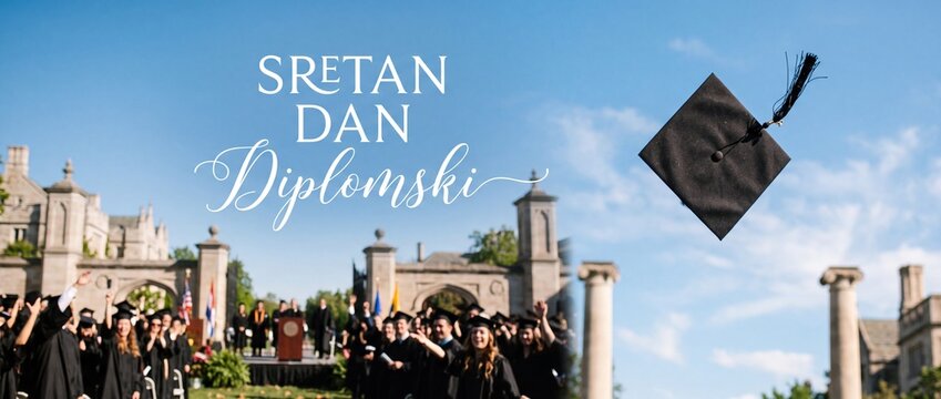 Graduation cap flying in sky with happy graduation day Croatian greeting Sretan Dan Diplomski, showing college graduates celebrating academic success at university campus ceremony horizontal banner.