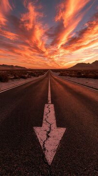 Asphalt road with painted arrow marking leading to mountains, vibrant sunset sky background.