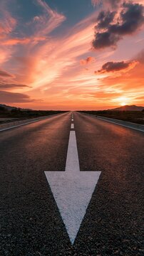 Asphalt road with large arrow symbol, infinite horizon during a vibrant sunset