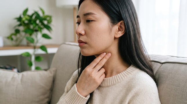 Asian woman touching her sore throat sitting on a sofa feeling sick and unwell at home indoor