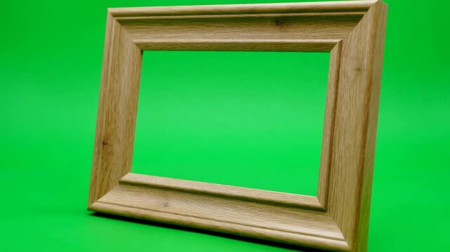 Empty wooden picture frame rotating on green screen background, chroma key