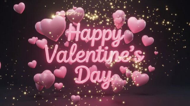 Glowing Pink "Happy Valentine's Day" Typography Surrounded by 3D Pink Hearts and Sparkling Gold Confetti on Dark Background