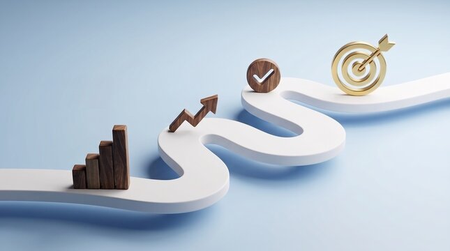 A 3D render showing a winding white path that features a wooden bar chart an arrow a checkmark and a golden target representing business growth milestones