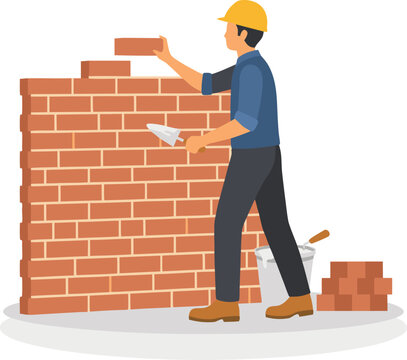Construction Worker Building Brick Wall with Trowel, Masonry and Bricklaying Illustration