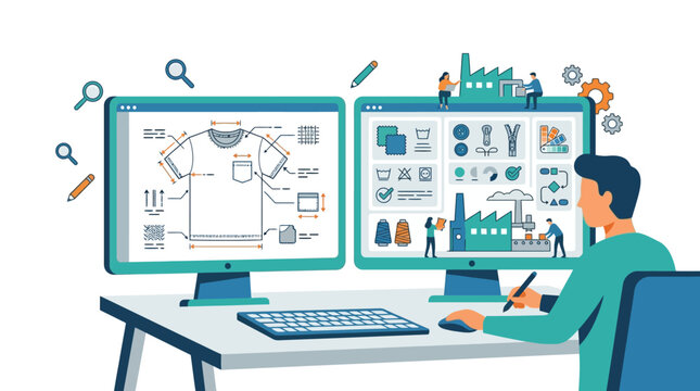 Professional technical fashion designer creating garment tech pack and managing apparel production flat design vector illustration