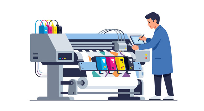 Professional technician calibrating large format textile printer in industrial workshop flat vector illustration.