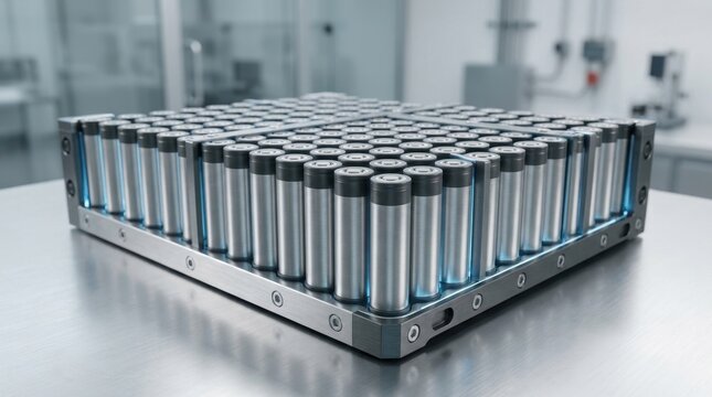 Grid of cylindrical lithium ion battery cells arranged in metal frame for energy storage.