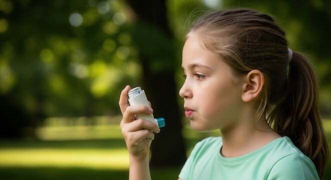 Young girl with asthma inhaler in a park, breathing assistance for respiratory health