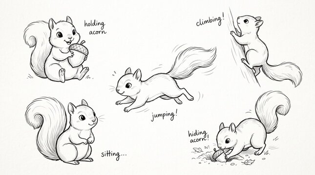 Set of cute hand drawn squirrel illustrations in various poses and activities.