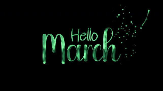 Shiny metallic green hello march text on black background with glitter, suitable for marchthemed promotions and designs. Ideal for digital marketing materials.