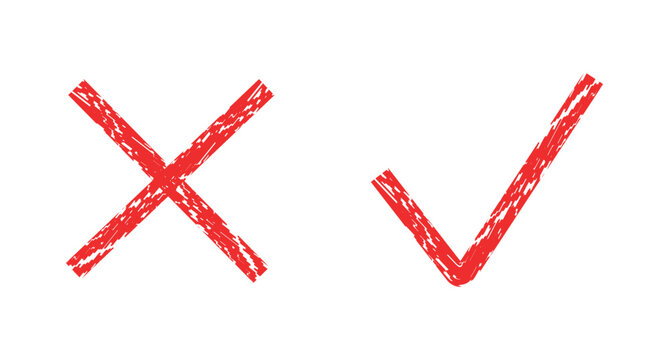 Red cross and check mark set, textured brush stroke lines, clean minimalist arrangement on white background.