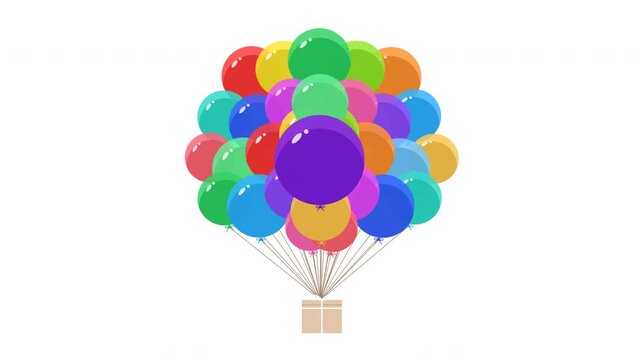 Super smooth, pre-rendered animated 30 translucent balloons in diverse vibrant colors emerging from a gift box. Text has been removed. Elements animate sequentially in a 10-second perfect loop.