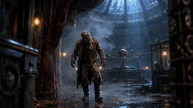Creepy zombie standing in dark abandoned observatory with celestial