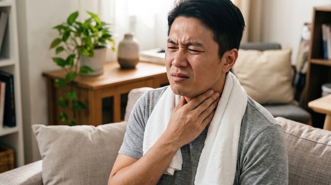 Sick Asian man touching his sore throat with a towel around his neck while sitting on a couch