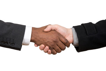 Close-up of a multi-ethnic business handshake between a Black man and a Caucasian man isolated on white background © Justin