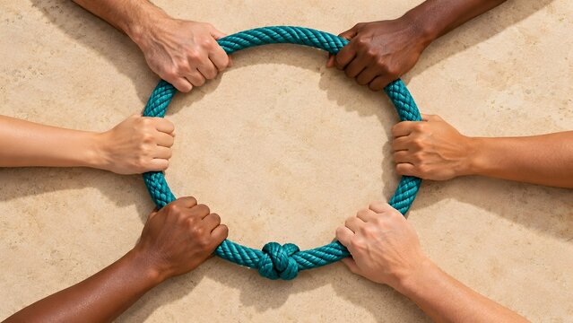Global diversity and teamwork concept featuring multicultural hands holding an unbroken circular rope knot