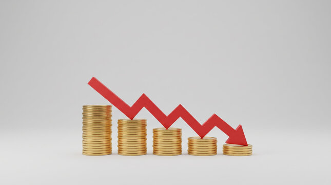 Inflation red arrow economy showing declining coin stack. Financial crisis recession. stock price increase falling, bankruptcy risk loss, chart graph statistic