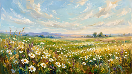 Naklejka premium A serene impressionist landscape painting depicting a lush meadow filled with blooming white daisies under a soft golden sunset sky