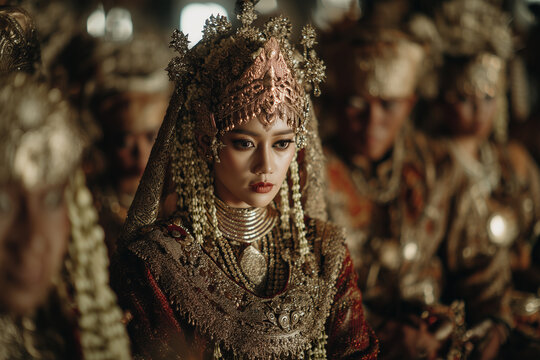 Javanese bride wearing traditional siger crown and gold jewelry