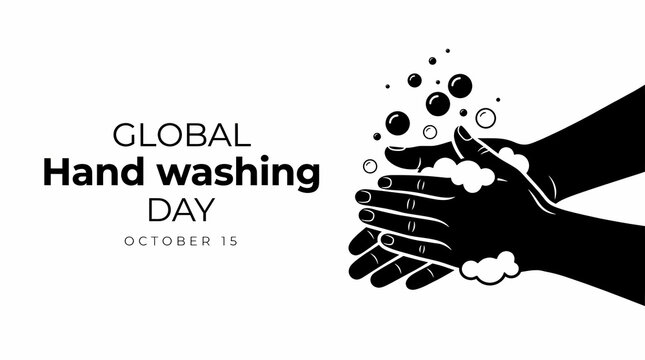 Global Hand Washing Day. Black Silhouette Hands with Soap Bubbles. Hygiene Awareness and Cleanliness Campaign. Minimalist Monochrome Vector Illustration