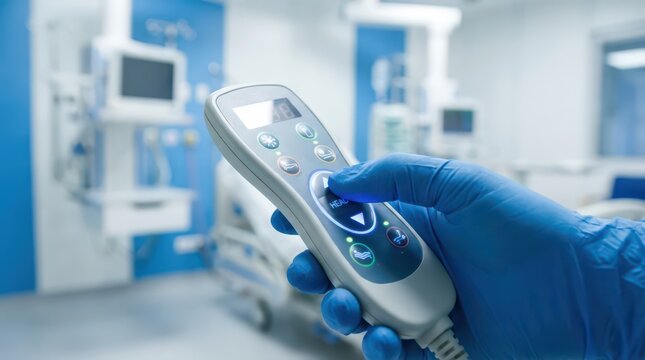 Gloved hand pressing medical device remote in clinical ward for palliative care equipment brochure and healthcare background