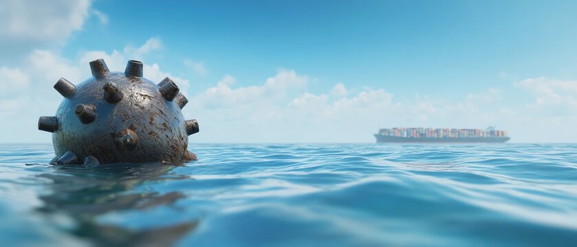 A mine floating in tranquil blue ocean waters.