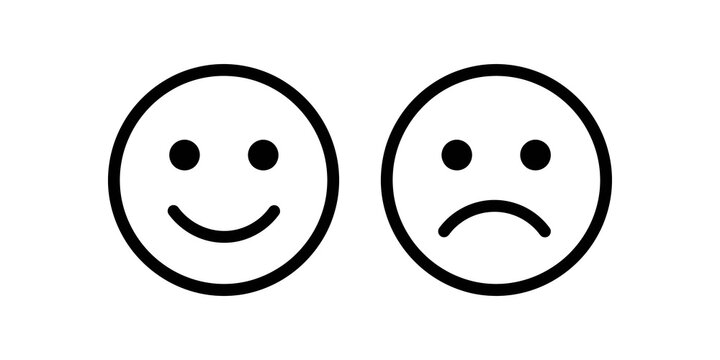 Happy and sad smiley face icons, emotion symbols for feedback and mood