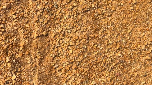 Sandy ground with small pebbles remains under water, shore of lake Borovoe. Coarse golden dirt provides seamless earthy background texture witn light ripples waves for nature environment visuals.