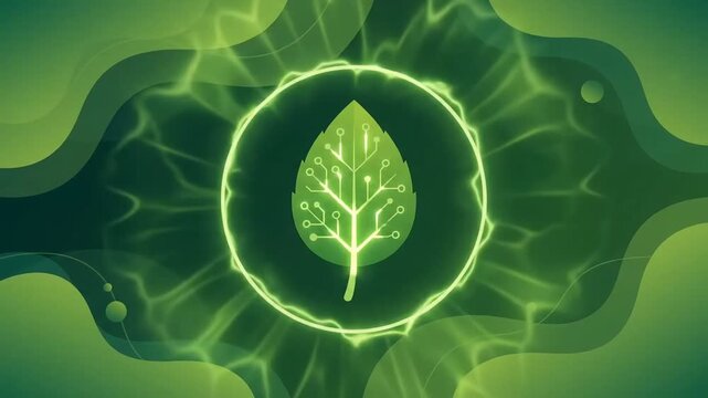 Futuristic Green Technology Leaf Animation with Digital Circuitry and Glowing Energy Ring for Sustainability and Eco-Friendly Concepts.