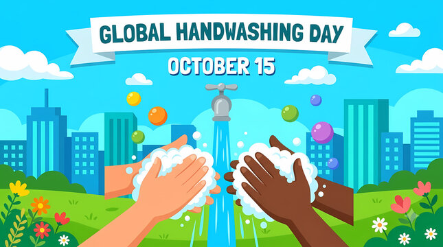 Global Hand Washing Day. Diverse Hands Washing with Soap and Running Water. Public Health and Hygiene Awareness Campaign. Colorful Flat Vector Illustration