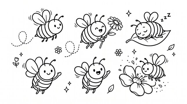 Set of cute hand drawn bees in doodle style for coloring book.