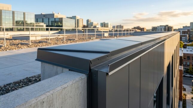Modern building rooftop edge with metal cladding and concrete parapet.
