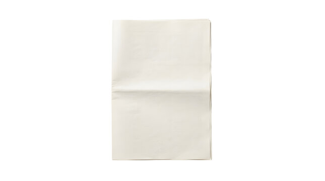 A minimalist studio shot of a folded blank newspaper centered on a solid pure white background, displaying realistic paper texture, soft grey shadows, and visible stacked pages along the right edge